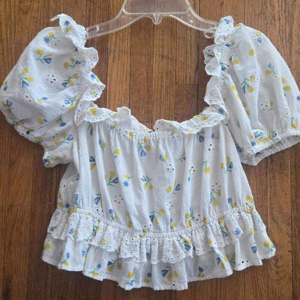 Zara cottage core floral ruffled blouse off the shouldrr